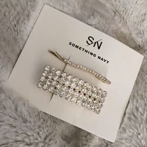 SOMETHING Navy SET crystal embellished barrette curved hairpin goldstone women